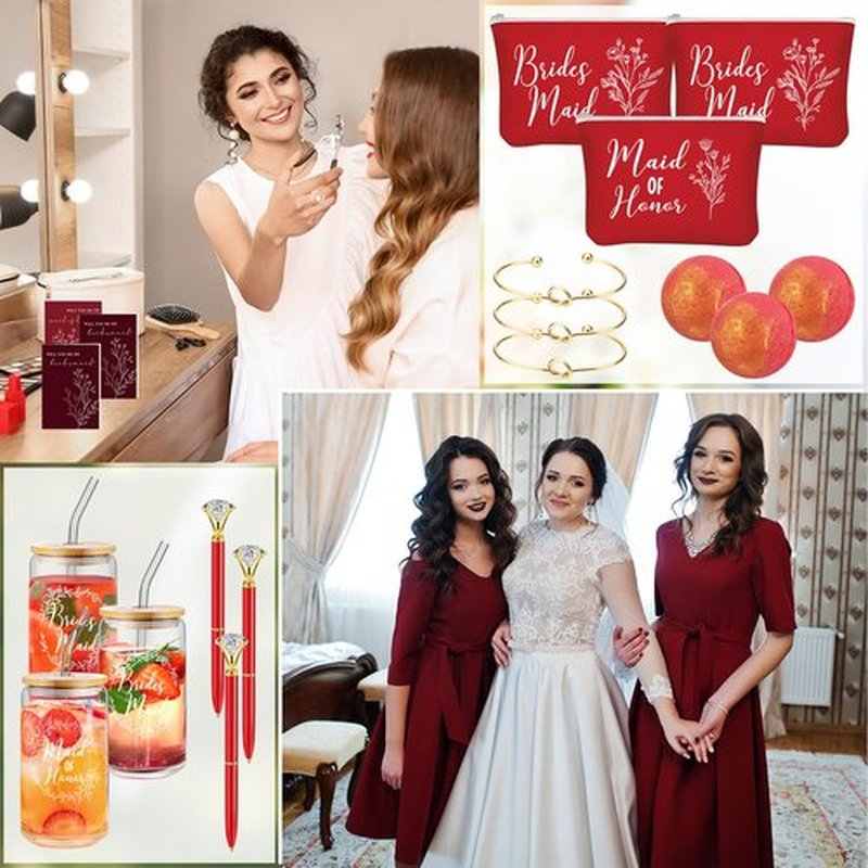 Skybooly 18 Pcs Bridesmaid Proposal Gifts Maid of Honor Gifts Including Brides Maid Glass Cup Makeup Bag Diamond Pen Bracelet Invited Cards for Wedding Party Favors(Red)