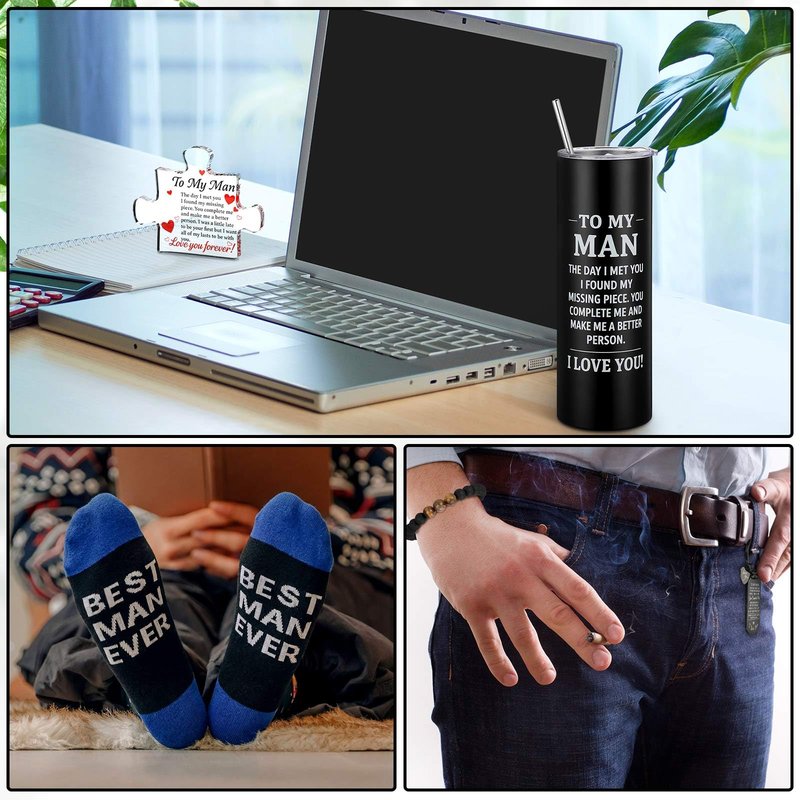 Geiserailie 5 Pcs Mens Gifts Basket Fathers Day Basket for Men To My Man Bracelet Keychain Tumblers Socks for Father Husband Boyfriend