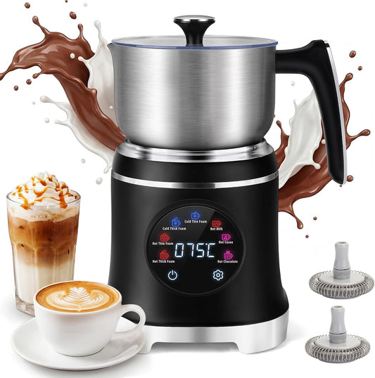 Electric Milk Frother - 7-in-1 Stainless Steel Steamer with Temperature Control | 20.3 OZ Hot & Cold Foam for Latte & Cocoa