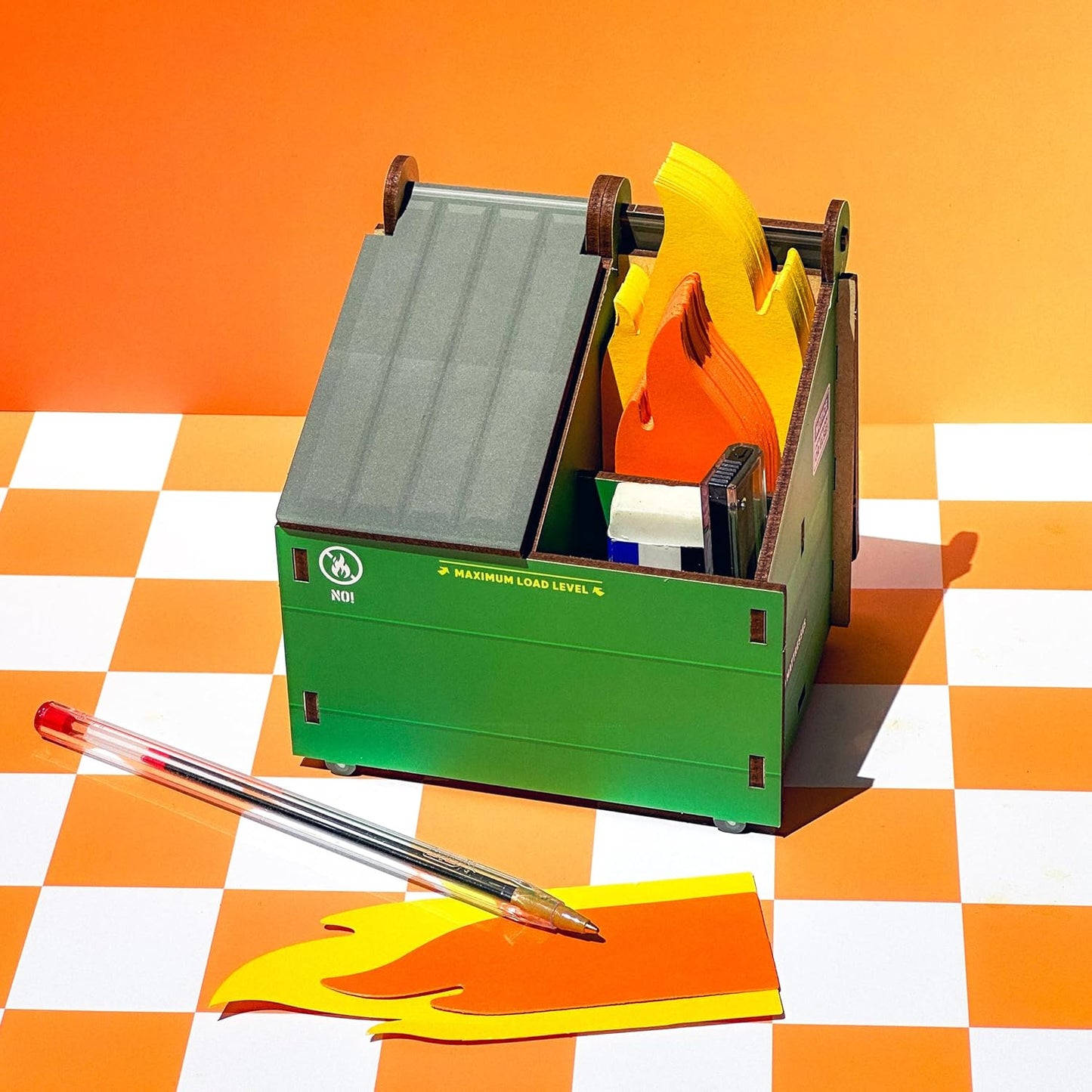 Genuine Fred Desk Dumpster Pencil Holder - Funny 3-Compartment Organizer with 100+ Flame Note Cards for Office or Home