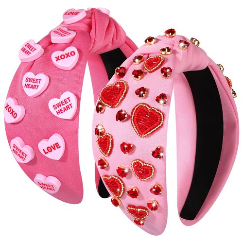 2PCS Valentine's Day Headband for Women Holiday Accessories Decorations Beaded Heart XOXO Candy Crystal Knotted Headband Valentines Festive Headwear Party Gifts (Valentins B)