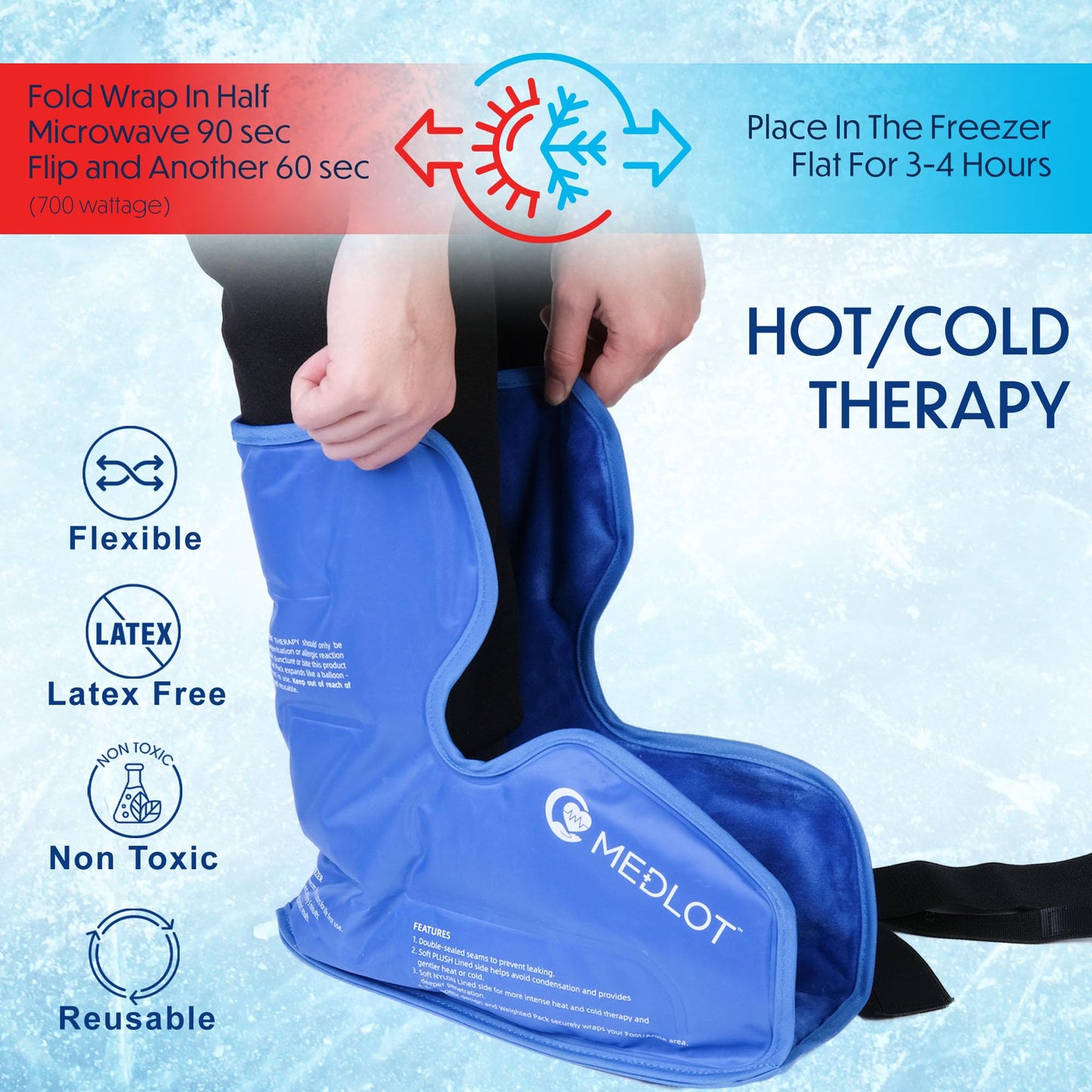MEDLOT Ankle Ice Pack Wrap, Full Foot Large Reusable Hot Cold Therapy Pack for Achilles Tendonitis Relief, Swelling, Plantar Fasciitis, Heel Pain, Plush Lining, with Strap, Birthday Father's Day Gift