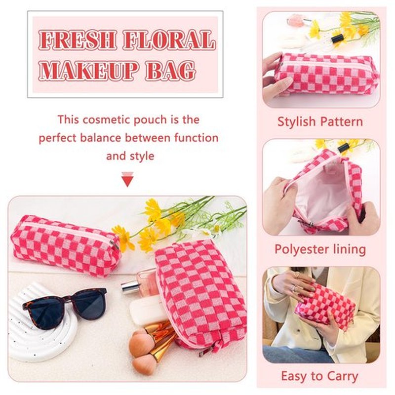 ZLFSRQ 2Pcs Checkered Makeup Bag for Women Cute Cosmetic Pouch Travel Small Cosmetic Bag Set Cute Makeup Pouch Purse Portable Skincare Zippered Toiletry Bag Organizer Preppy Trendy Storage Bag(Pink)