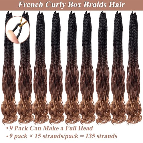 RuiYok 18 Inch French Curl Crochet Braids 9 Packs Ombre Brown Crochet Box Braids with Wavy Ends Pre Looped Synthetic French Curly Braiding Hair for Women