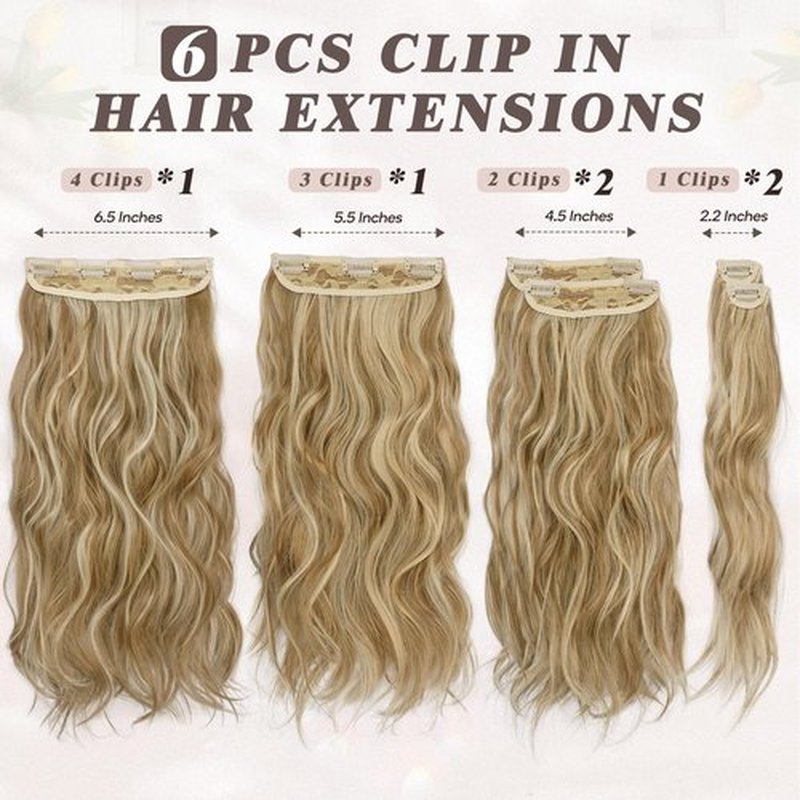 BARSDAR Clip in Hair Extensions - 6PCs Wavy Highlight Clip in Hair Extensions for Women - 16 Inch Full Head Thick Soft Synthetic Clip in Hairpieces Daily - Golden Blonde with Highlights