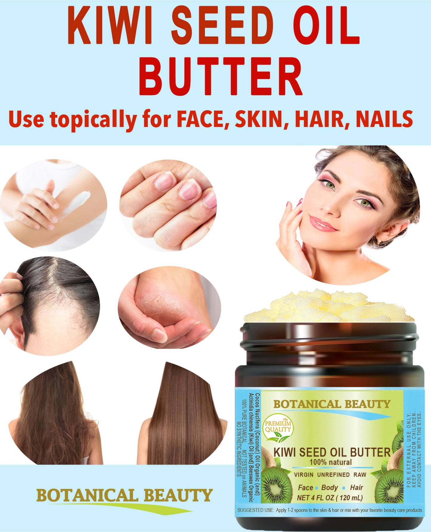 Botanical Beauty KIWI SEED OIL BUTTER RAW VIRGIN UNREFINED Cold Pressed for Face, Body, Hair, Nails, Skin, Hands, Rich in vitamin E, Vitamin C (8 Fl Oz)