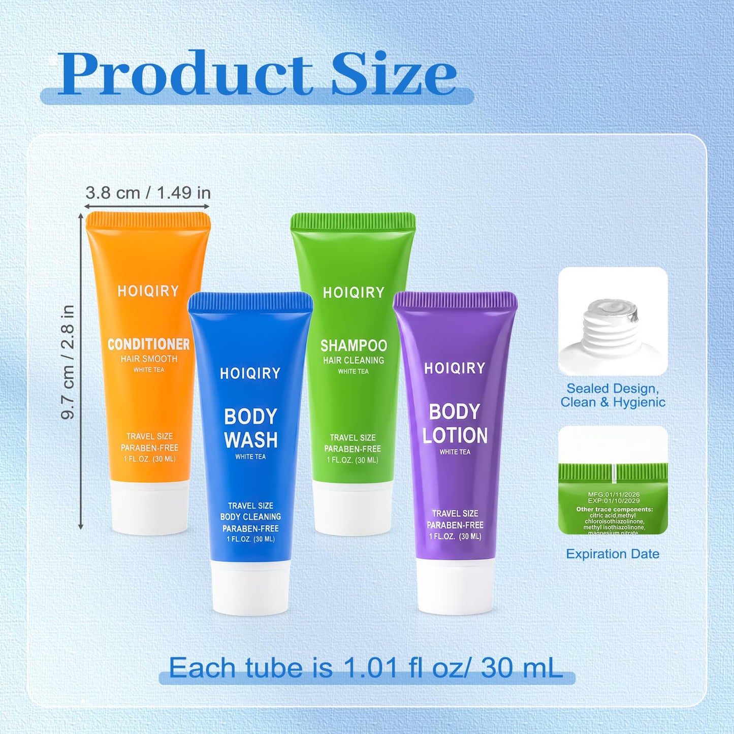 HOIQIRY 25 Set 4-IN-1 Travel Size Hotel Toiletries Bulk,100 Pack 30ml/1 fl oz Mini Hotel Toiletries with Body Wash,Shampoo,Conditioner,Body Lotion Guest Supplies Bulk for Homeless,Motel,Charity