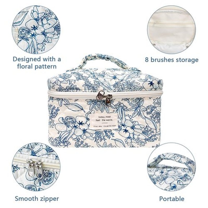 Large Makeup Bag, Cute Cosmetic Bag for Women Girls, Floral Coquette Aesthetic Toiletry Bag, Travel Make Up Organizer Bag (Navy Blue)