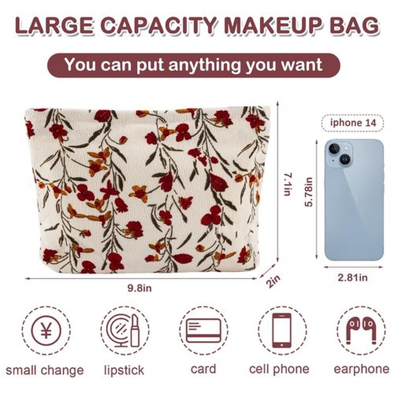 ZLFSRQ Red Flower Makeup Bag Travel Cute Floral Cosmetic Bags for Women Large Floral Makeup Pouch Zipper Cosmetic Pouch for Purse Aesthetic Makeup Organizer Bag Portable Toiletry Bag