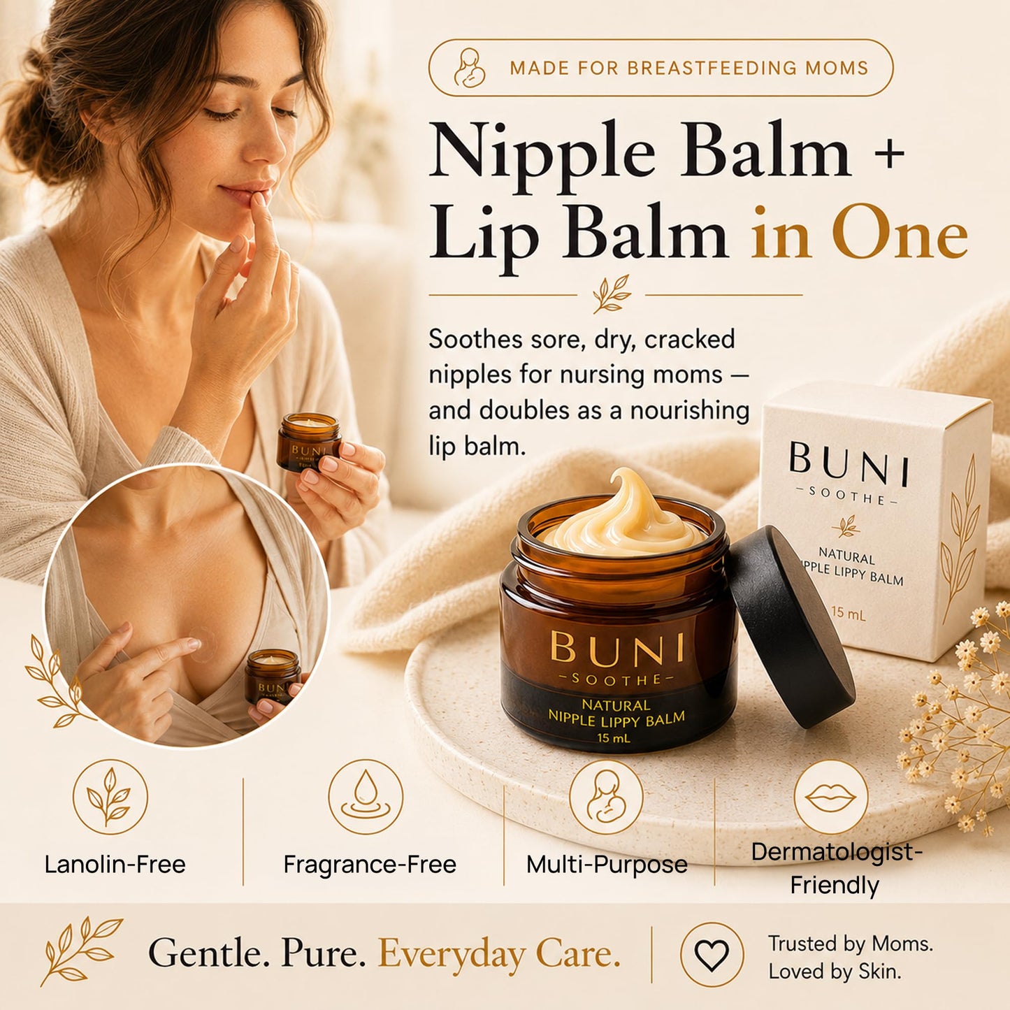 BUNI Nipple Cream & Lip Balm, Safe for Breastfeeding, Unscented (0.5 oz)