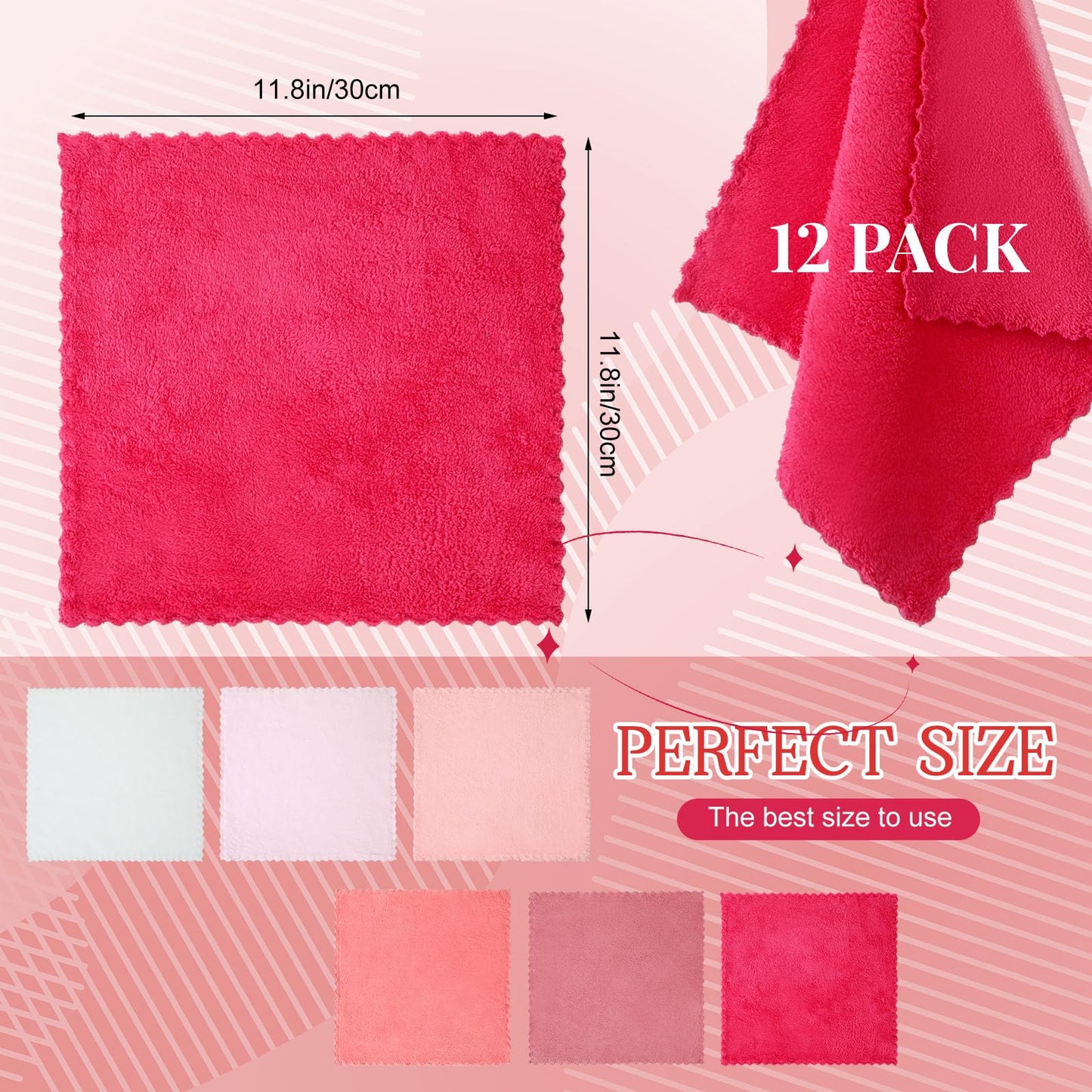 Syhood 12 Pack Face Towels 12 x 12 in Makeup Remover Cloths Reusable Soft Coral Velvet Microfiber Washcloths Highly Absorbent Quick Drying Wash Cloth for Bath, Spa, Facial(Pink Series)