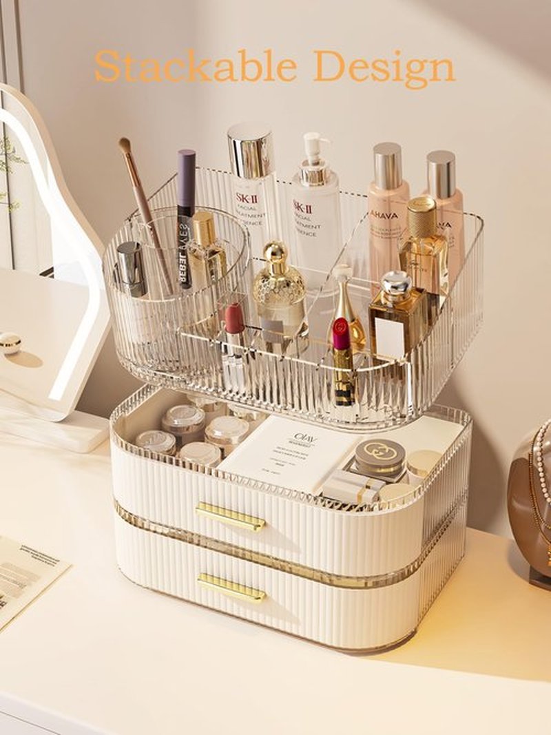 MIUOPUR Makeup Organizer with Rotating Makeup Brush Holder, Stackable Drawers for Bathroom Organizers and Storage, Make up Organizers for Vanity, Great for Cosmetics, skincare, Lipsticks -Cream