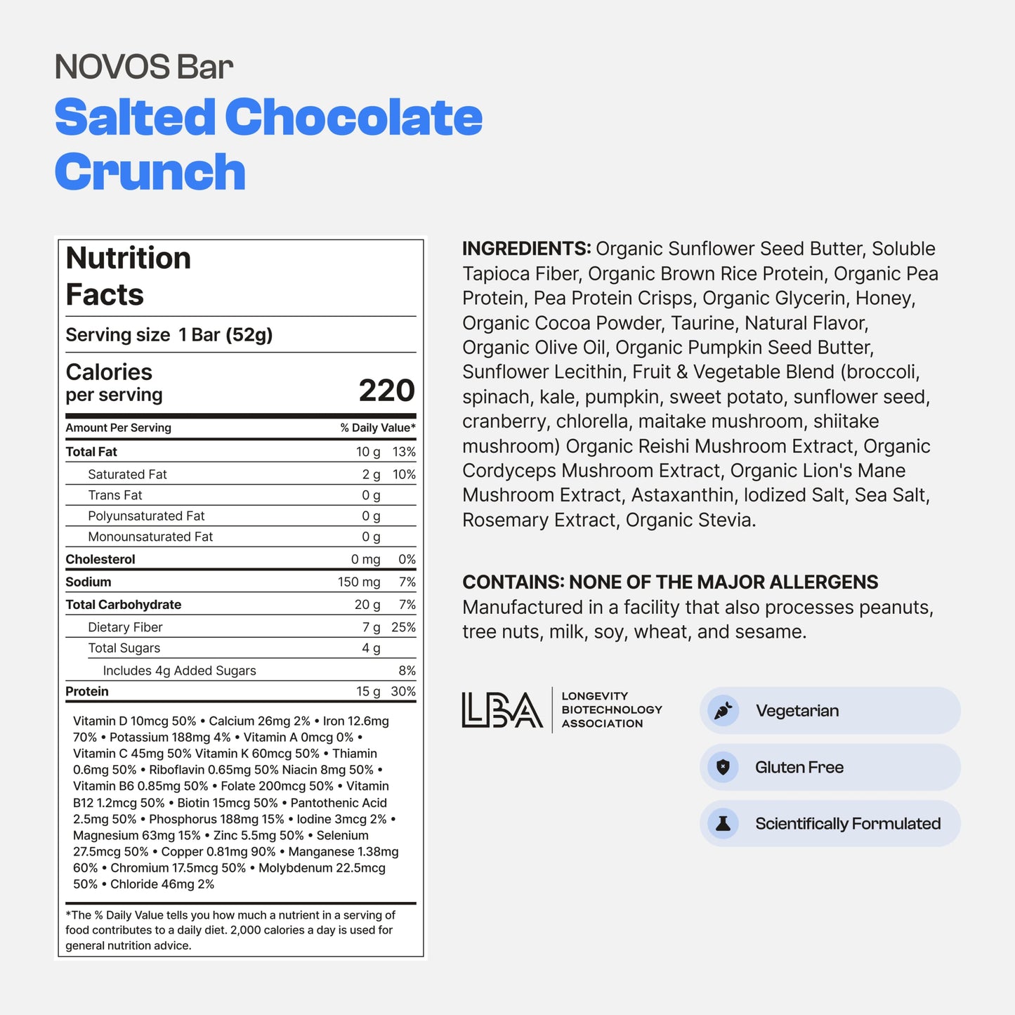 Novos Longevity Protein Bar | 15g Protein, 20 Superfoods, 5 Longevity Ingredients for Men & Women | Supports Skin, Mind & Mood | Salted Chocolate Crunch (12-Pack)