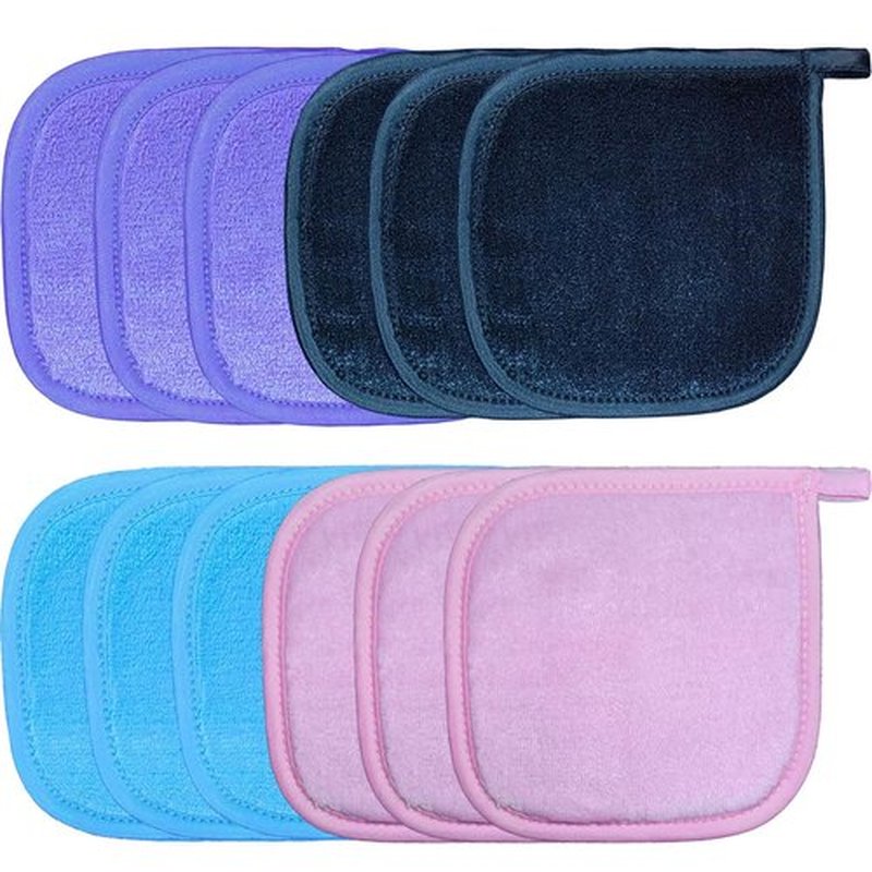 Makeup Remover Cloth 12-day set Reusable Microfiber Makeup Remover Pads Cotton Rounds Face Pads Eye Makeup Remover Pads for Women 5" X 5" - Pink Blue Purple Black