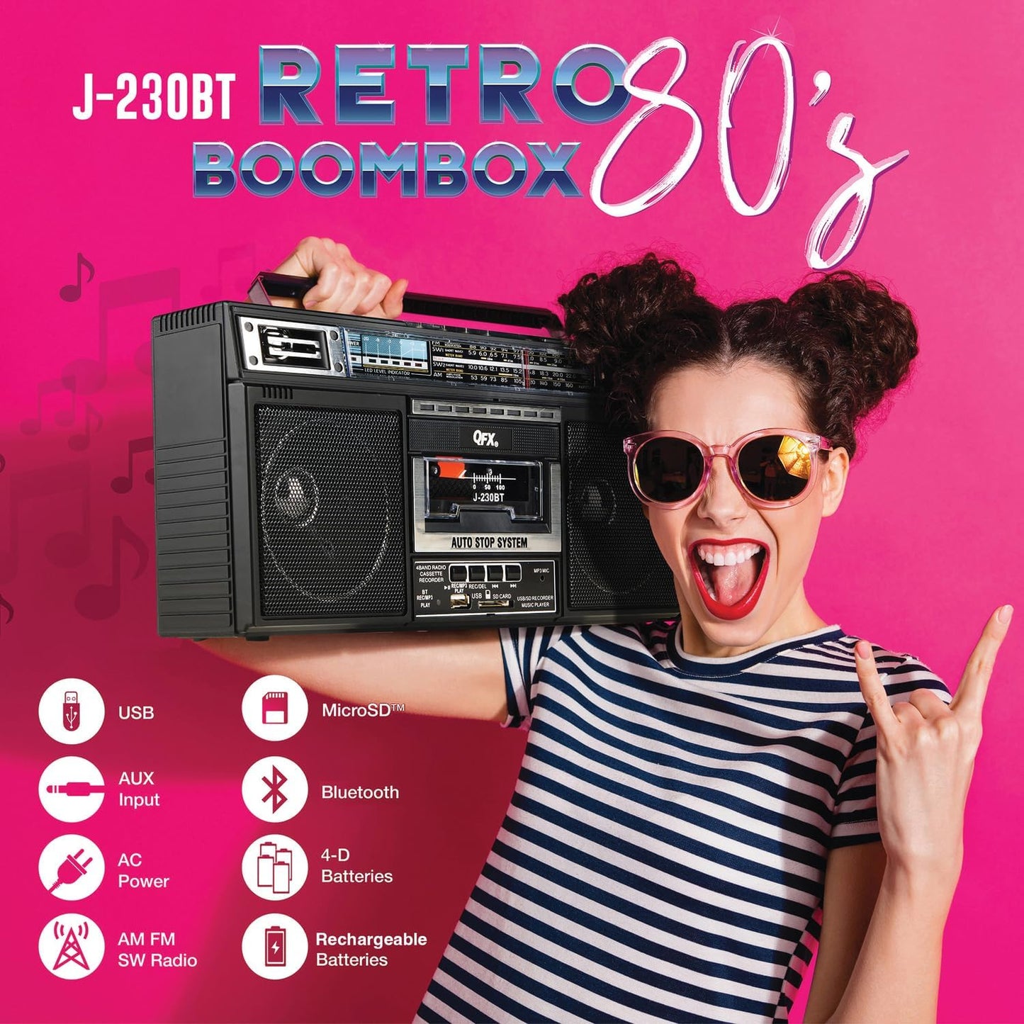 Bluetooth Cassette Boom Box | USB/SD Card AM/FM Radio with Recording & Built-in Mic