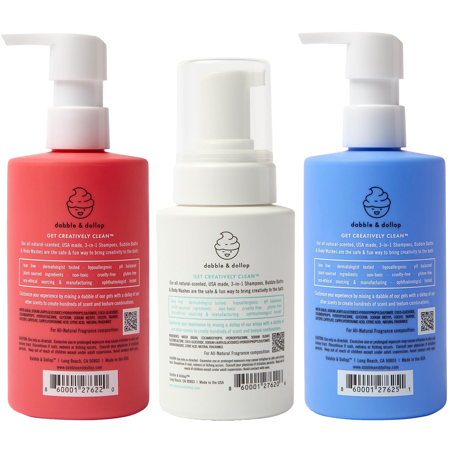 Dabble & Dollop USA Kids 3-in-1 Body Wash, Shampoo & Bubble Bath Variety Set – Strawberry, Blueberry & Vanilla, Tear-Free, Gentle, Hypoallergenic and Safe for Sensitive Skin (Pack of 3)
