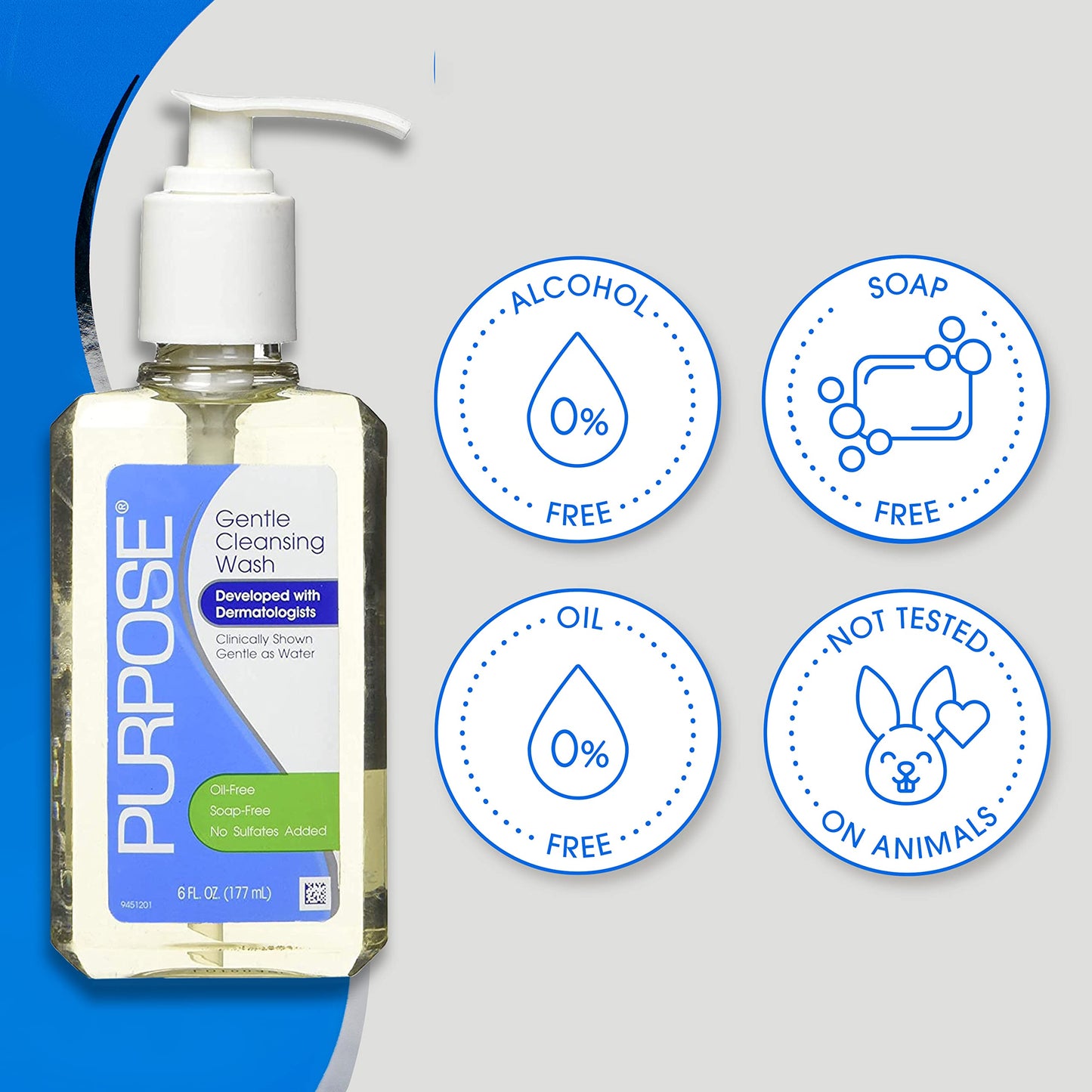 Purpose Gentle Cleansing Wash For All Skin Types, Gentle As Soap, Removes Dirt, Oil, and Makeup Without Over-Drying, Pump Bottle, 6 Fluid Ounces