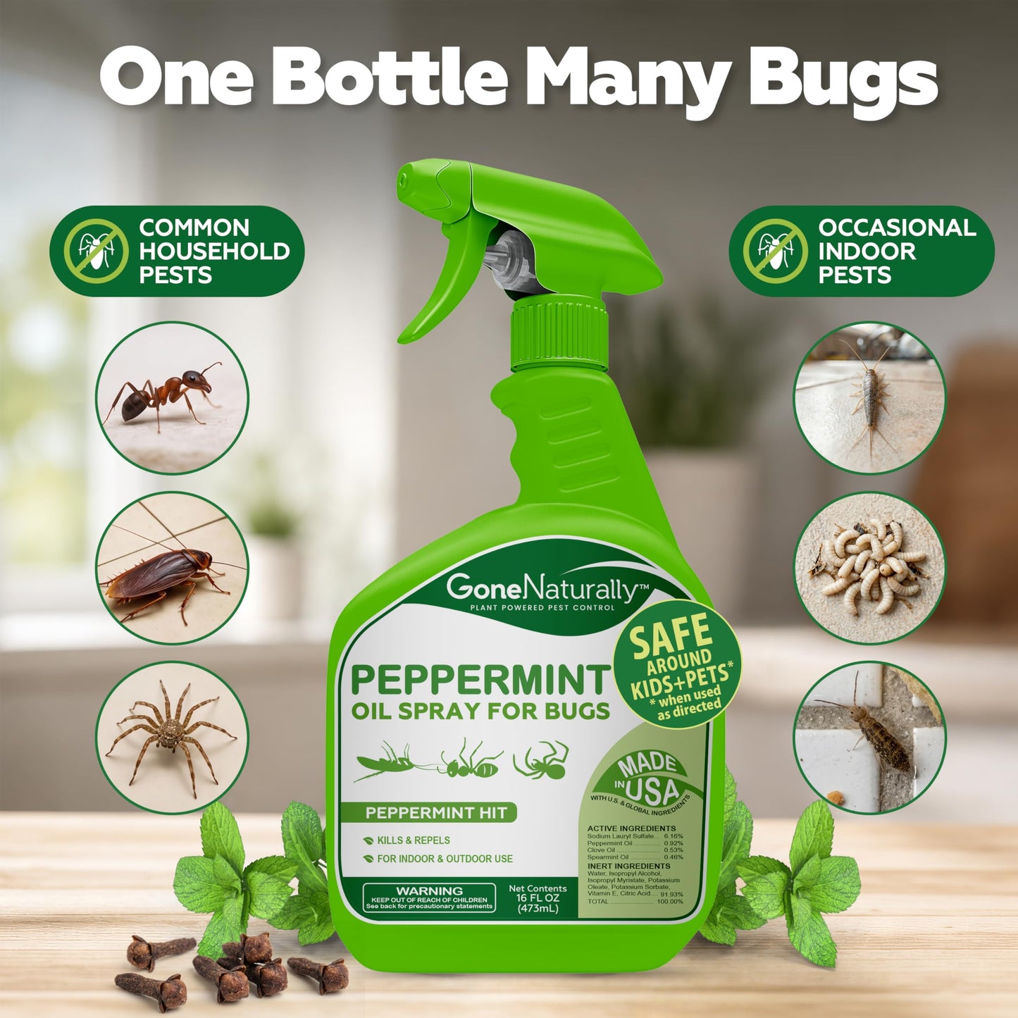 GoneNaturally Peppermint Oil Spray for Bugs– Extra Strong Insect Repellent & Bug Spray for Home– Kills & Repels Ants, Roaches, Spiders & More– Safe Around Kids & Pets– Indoor & Outdoor Use (16oz)