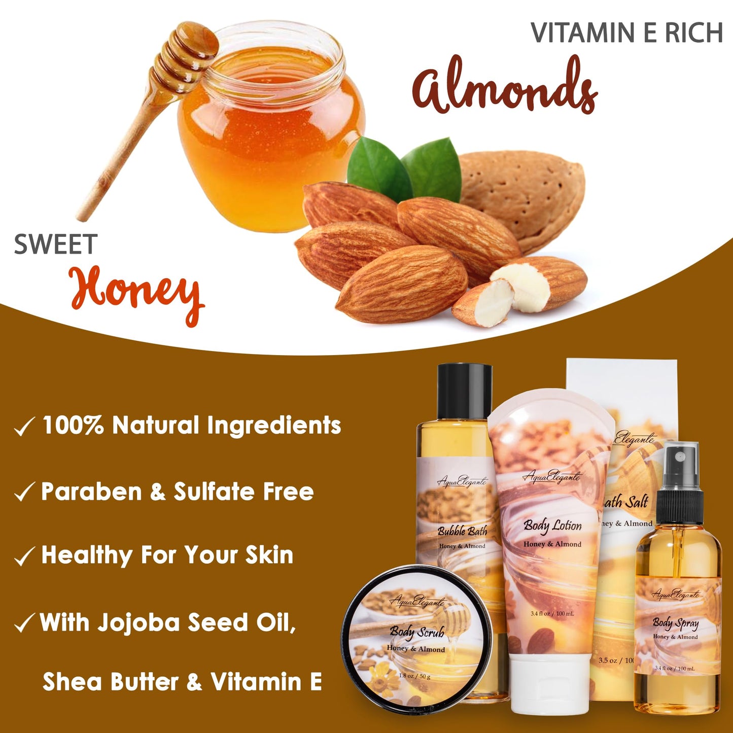 Aqua Elegante Full Spa Gift Set - 15 Piece Premium Bath Basket with Wash, Bubbles, Lotion, Salts, Body Scrub, Towel, Shower Puff, Bathbombs, Reusable Basket, Gifts for Women - Honey & Almond