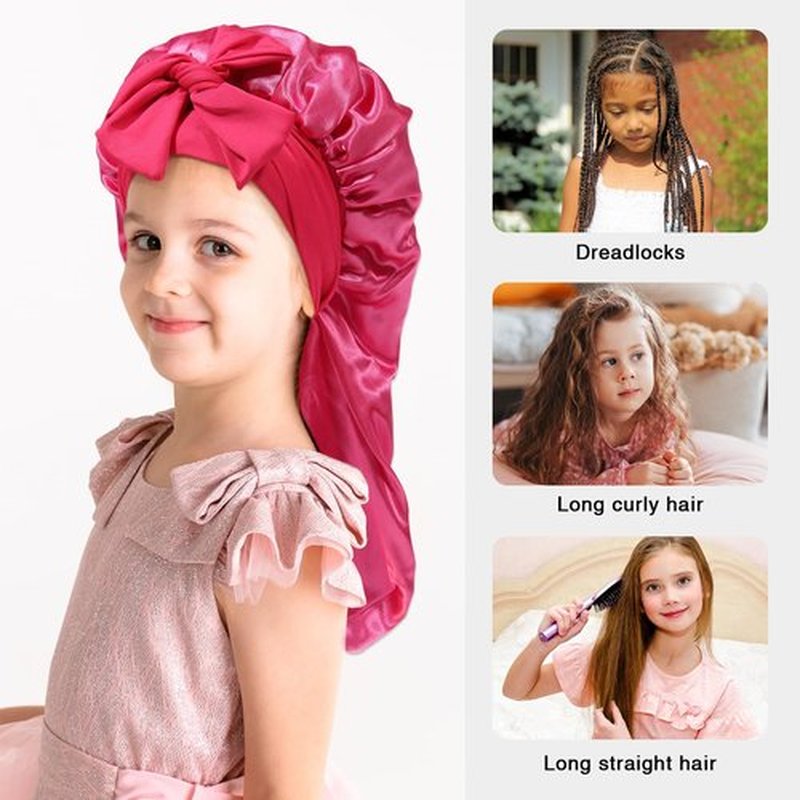 Kids Long Hair Bonnet for Sleeping - Double Layer Girls Elastic Satin Bonnet with Tie Band for Braid Curly Hair (Hot pink)