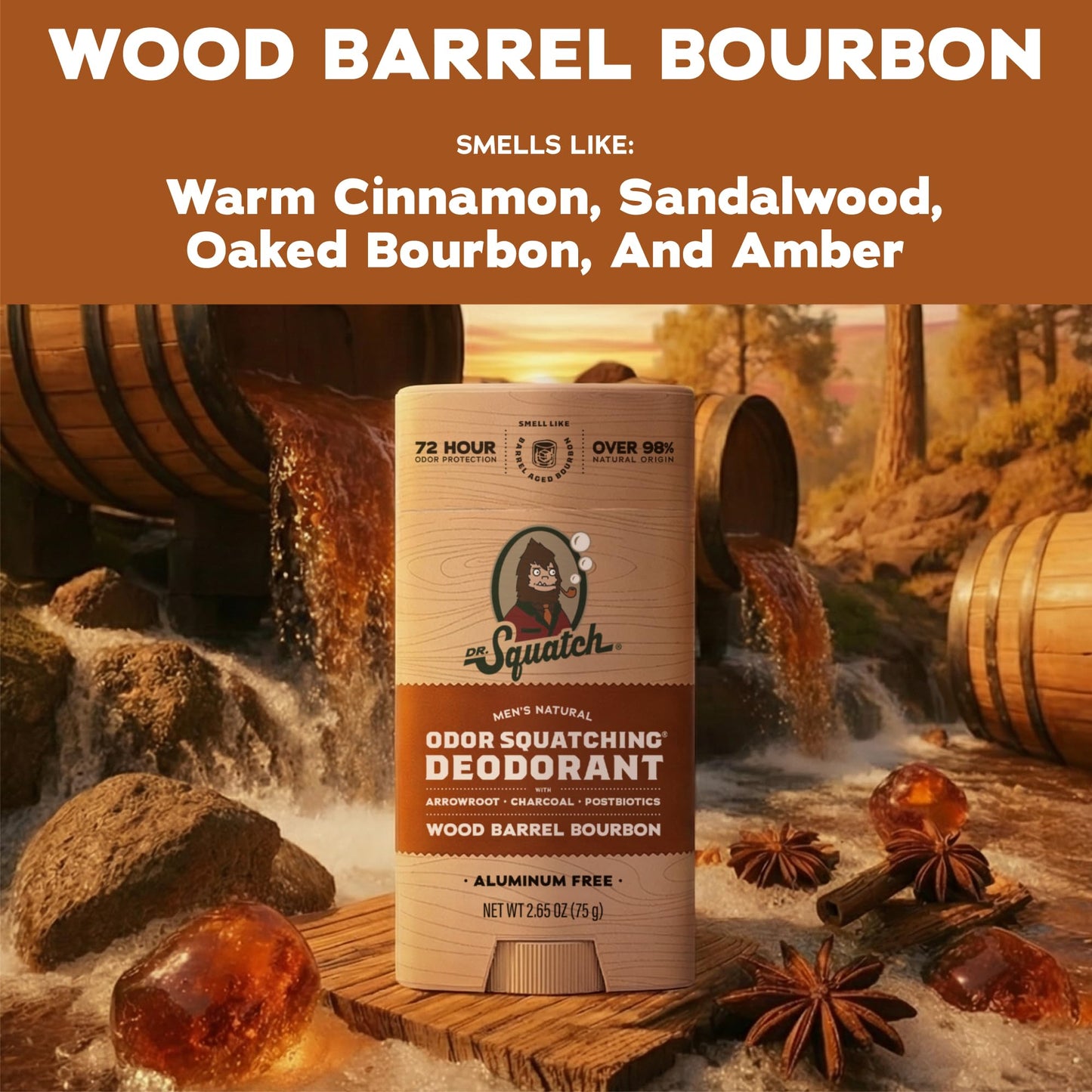 Dr. Squatch Natural Men’s Deodorant – Aluminum Free Natural Deodorant Men with Charcoal & Postbiotics for 72-Hour Odor Protection – Wood Barrel Bourbon, 2.65oz Stick (3-Pack)