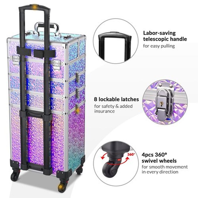 BYOOTIQUE Rolling Makeup Train Case 4in1 Cosmetic Trolley Organizer Travel Case Lockable Salon Barber Case Traveling Cart Trunk with Detachable Wheels for Makeup Artist Trave Nail, Softening Purple