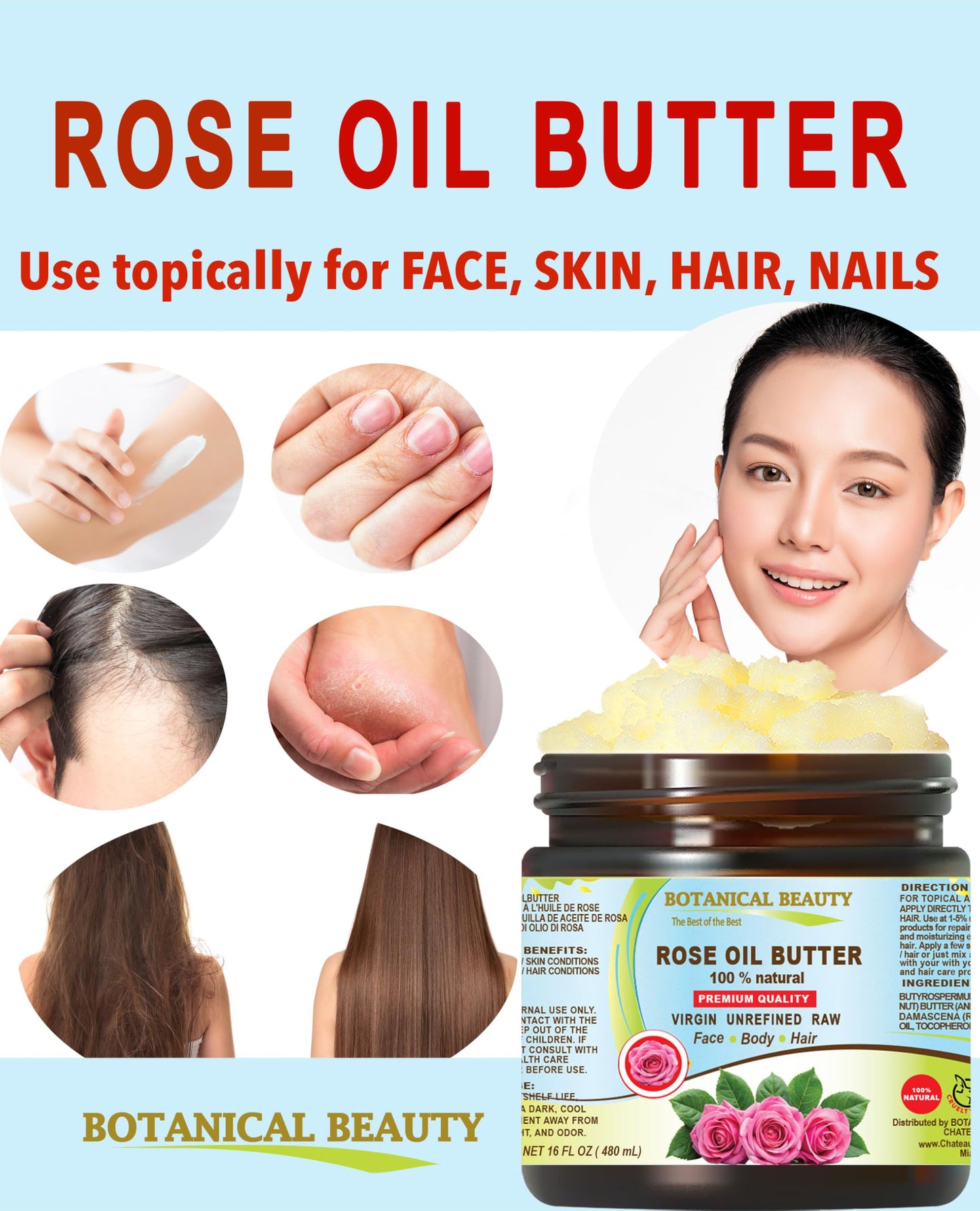 Botanical Beauty ROSE OIL BUTTER 100% Natural Rose Essential Oil in Shea Nut Butter for FACE SKIN BODY HAIR NAILS Beauty Skin Moisturizer Oil Butter Skin Nourishing (16 Fl Oz 480 ml)