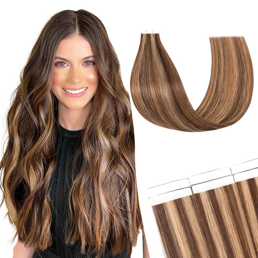 SEGO Pro 10pcs Tape in Hair Extensions Human Hair Long Straight Tape in Hair Extensions Real Human Hair Seamless Invisible Tape in Hair Extensions,10inch Medium Brown mixed Dark Blonde,15g