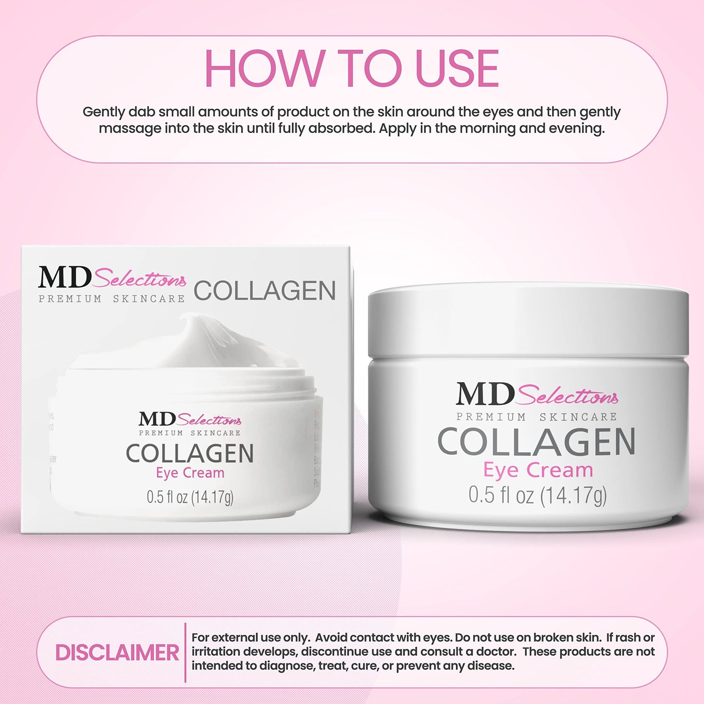 MD Selections Collagen Eye Cream with Hyaluronic Acid, Under Eye Cream for Puffiness, Under Eye Bags, Hydrating Under Eye Cream, Eye Skin Care, 0.5+0.5 Fl Oz (Pack of 2)