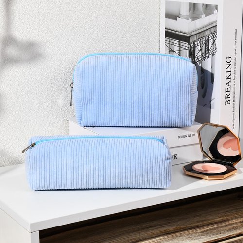 SOIDRAM Makeup Bag Corduroy Cosmetic Bag Cute Blue Makeup Pouch 1Pcs Large Capacity Makeup Bags and 1Pcs Makeup Brushes Storage Bag Travel Toiletry Bag Organizer