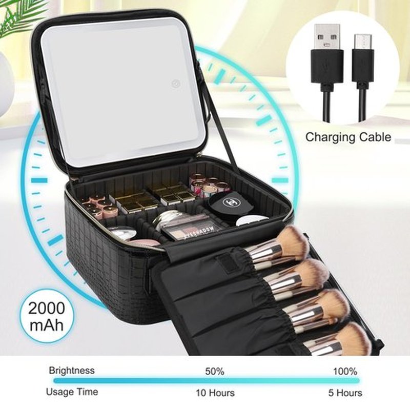 Relavel Makeup Train Case With LED Mirror, Professional Travel Cosmetic Bag with Removable Partitions,Compact Makeup Organizer, Waterproof Toiletry Case for Women, Black