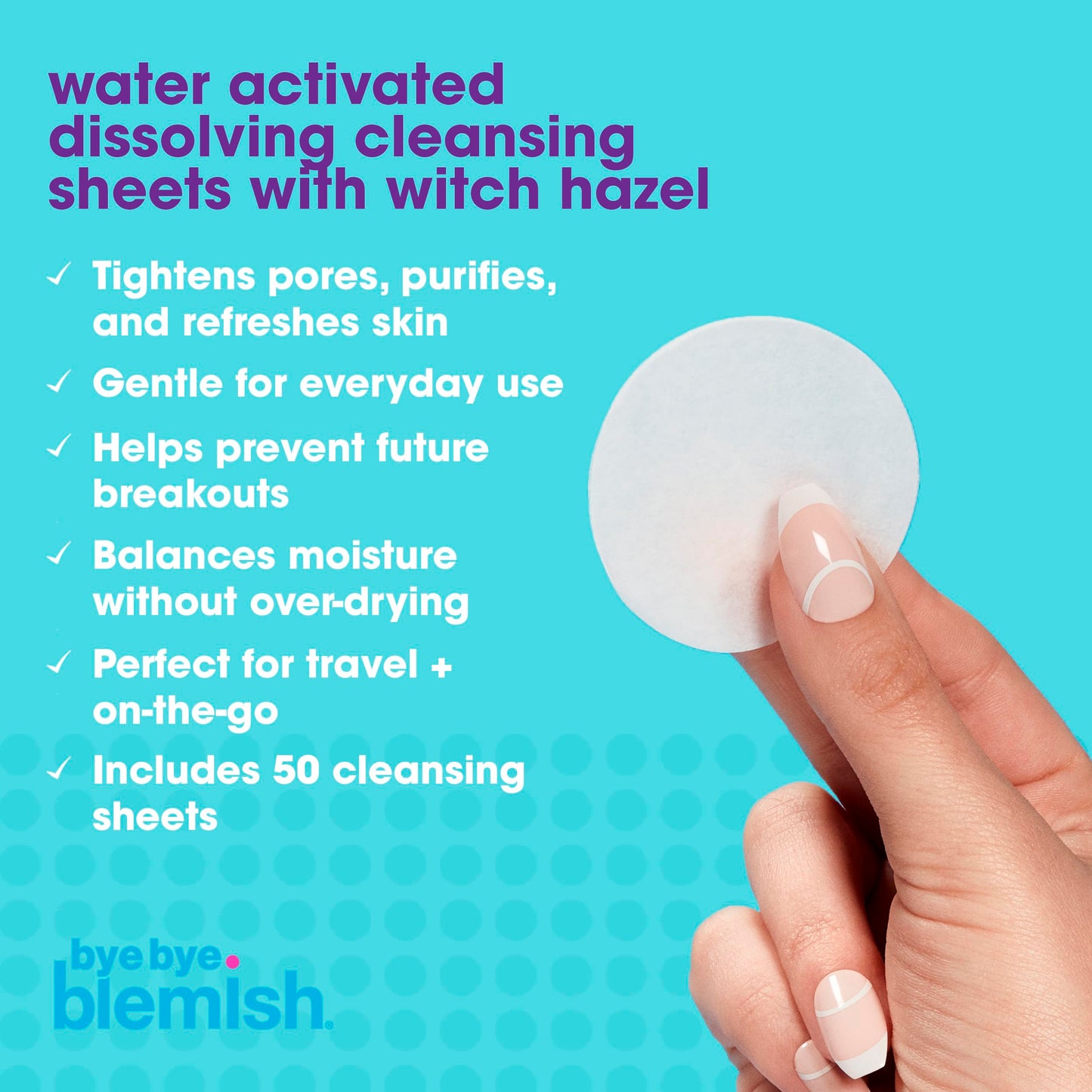 Bye Bye Blemish Dissolving Cleanser Sheets – Witch Hazel Oil-Control Face Wash, Water-Activated Facial Paper Soap for Acne-Prone Skin, Removes Dirt & Excess Oil, 50 pcs