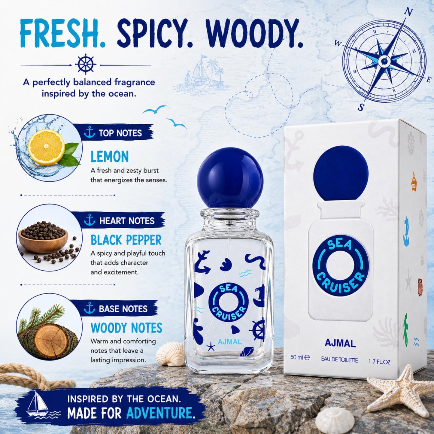 Ajmal SeaCruiser Perfume for Boys, 1.7 fl oz / 50 ml, Fresh Spicy Woody Fragrance with Lemon & Black Pepper, Everyday Kids Perfume, Made in Dubai