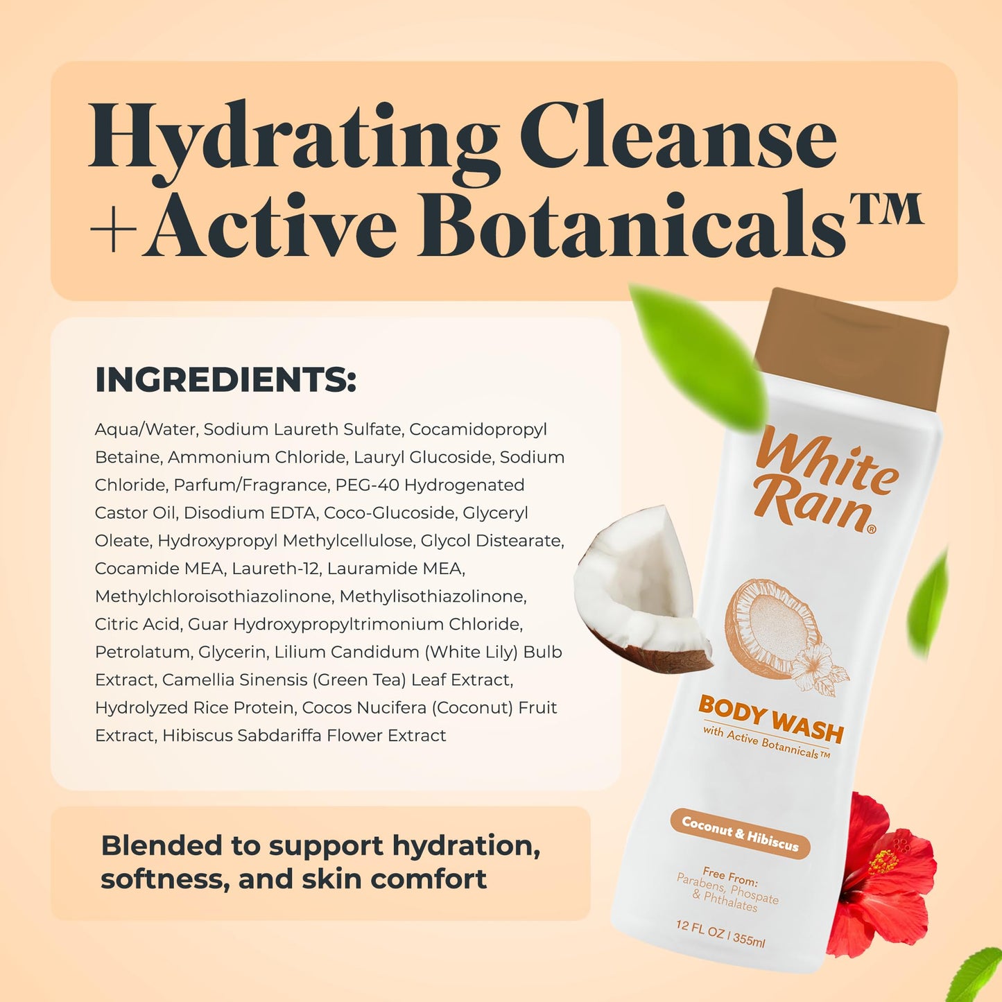 White Rain Coconut & Hibiscus Moisturizing Body Wash for Women & Men - Coconut Body Wash for Dry Skin, Gentle Paraben-Free Formula with Botanical Extracts for Everyday Use, 12 fl oz, Pack of 3