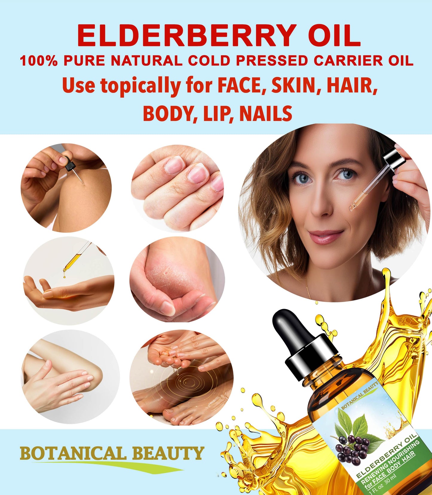 Botanical Beauty ELDERBERRY OIL Sambucus Nigra 100% Pure Natural Virgin Unrefined Cold Pressed Carrier Oil 0.5 Fl. Oz.- 15 ml for Face, Skin, Hair, Nails, Moisturizing. Rich in Vitamin E