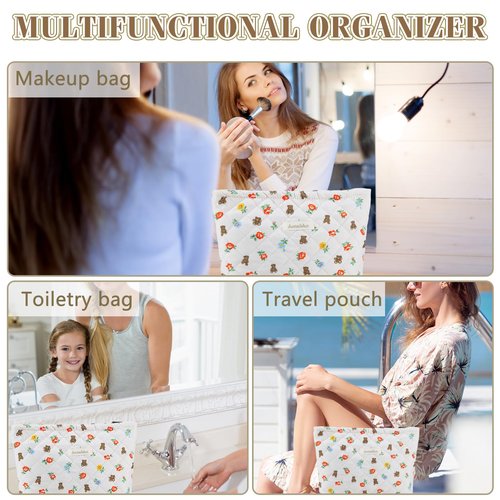 ZLFSRQ Cotton Quilted Makeup Bag Travel Cute Floral Cosmetic Bag for Women Large Coquette Flower Bear Makeup Pouch Zipper Cosmetic Pouch for Purse Aesthetic Makeup Organizer Portable Toiletry Bag