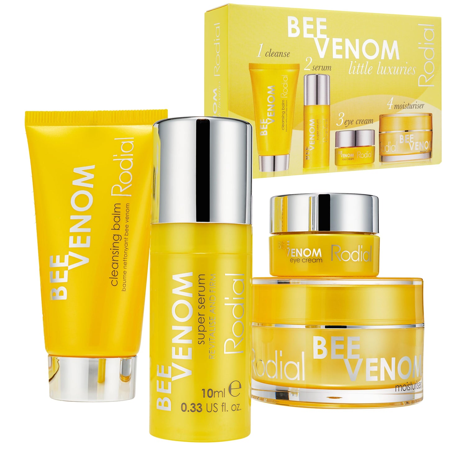Rodial Bee Venom Little Luxuries Kit - Travel Size Anti-Aging Skincare Set with Cleansing Balm, Serum, Moisturizer & Eye Cream for Firming, Smoothing & Radiant Skin