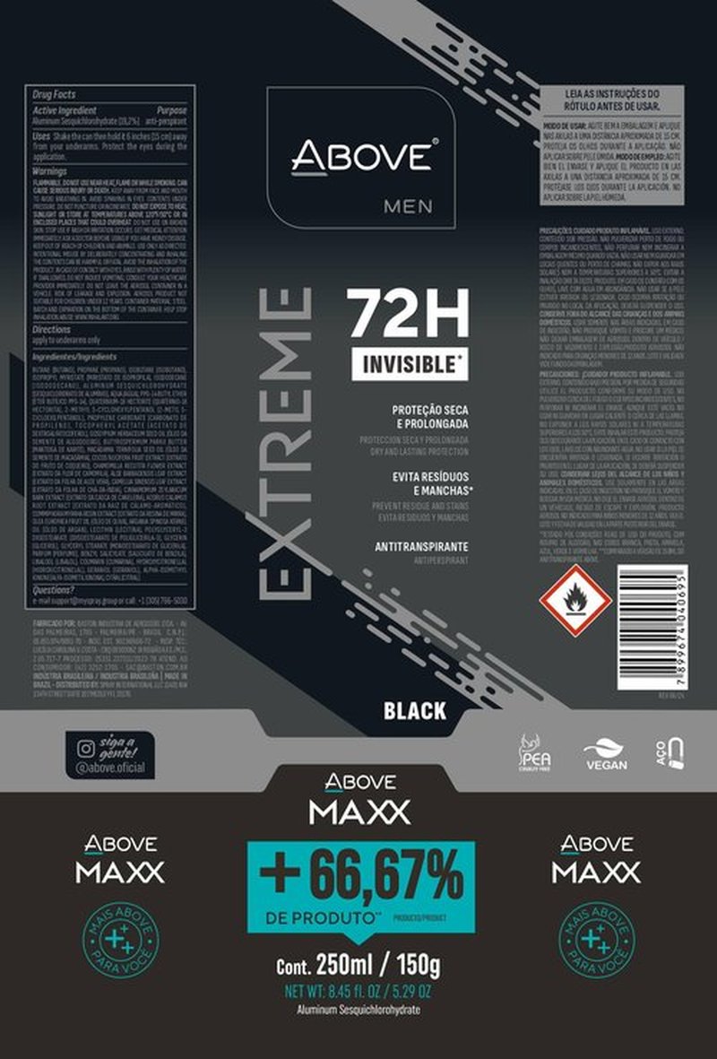 ABOVE Mens Deodorant Antiperspirant, 72 Hours (Extreme Men Black MAXX) -Protects Against Sweat & Body Odor - Dry, No Stain & Moisturizing Instant Freshness - Deodorant Spray, Alcohol Free - 5.29 oz