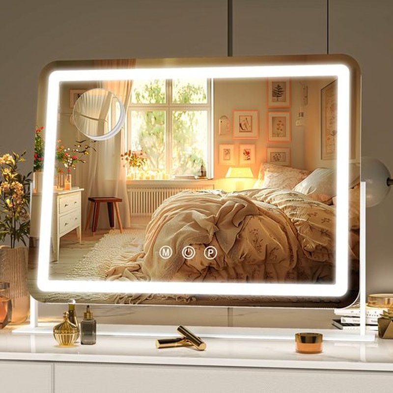 Hasipu Vanity Mirror with Lights, 14" x 12" LED Makeup Mirror, Light up Mirror with 10X Magnification, Smart Touch 3 Colors Dimmable, 360° Rotation (White)