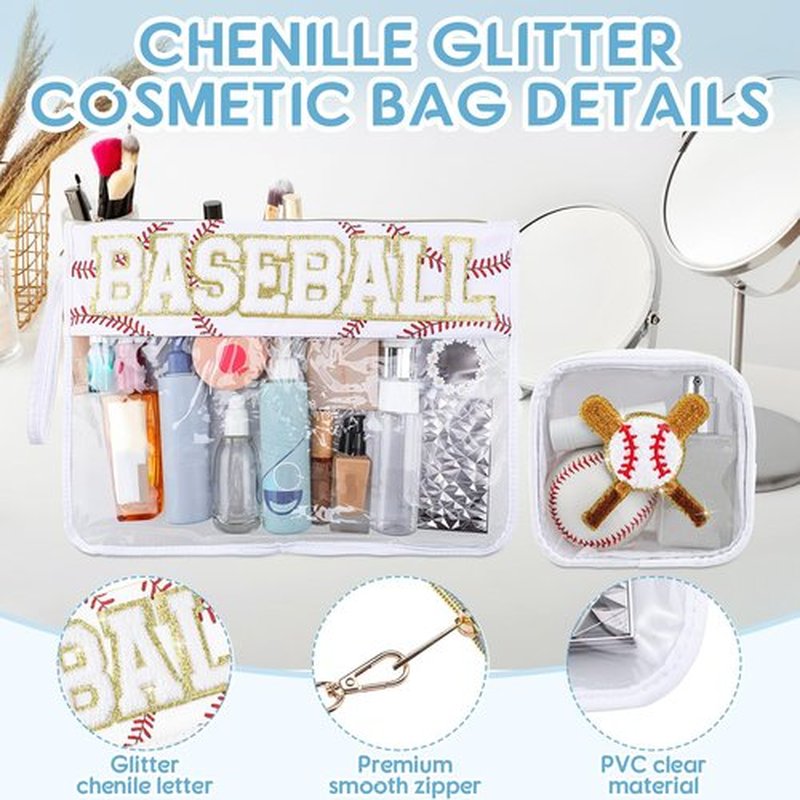 Hillban 2 Pcs Baseball Gifts Chenille Letter Bags Baseball Makeup Bag Baseball Party Survival Kit Bag Cosmetic Clear Toiletry Pouch Waterproof Travel Purse Portable Storage Organizer for Women