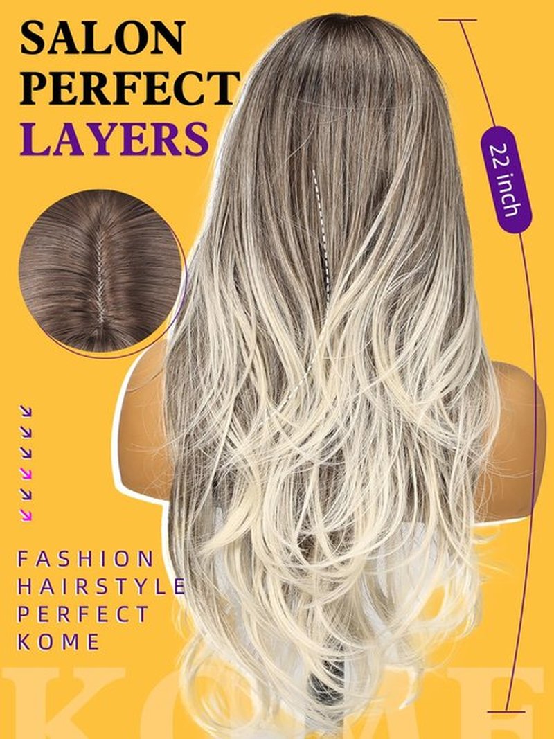 KOME Ombre Grey Wigs with Bangs,Long Layered Wig for Women,Long Wavy Wigs Synthetic Hair Wig for Party Daily Use 26IN