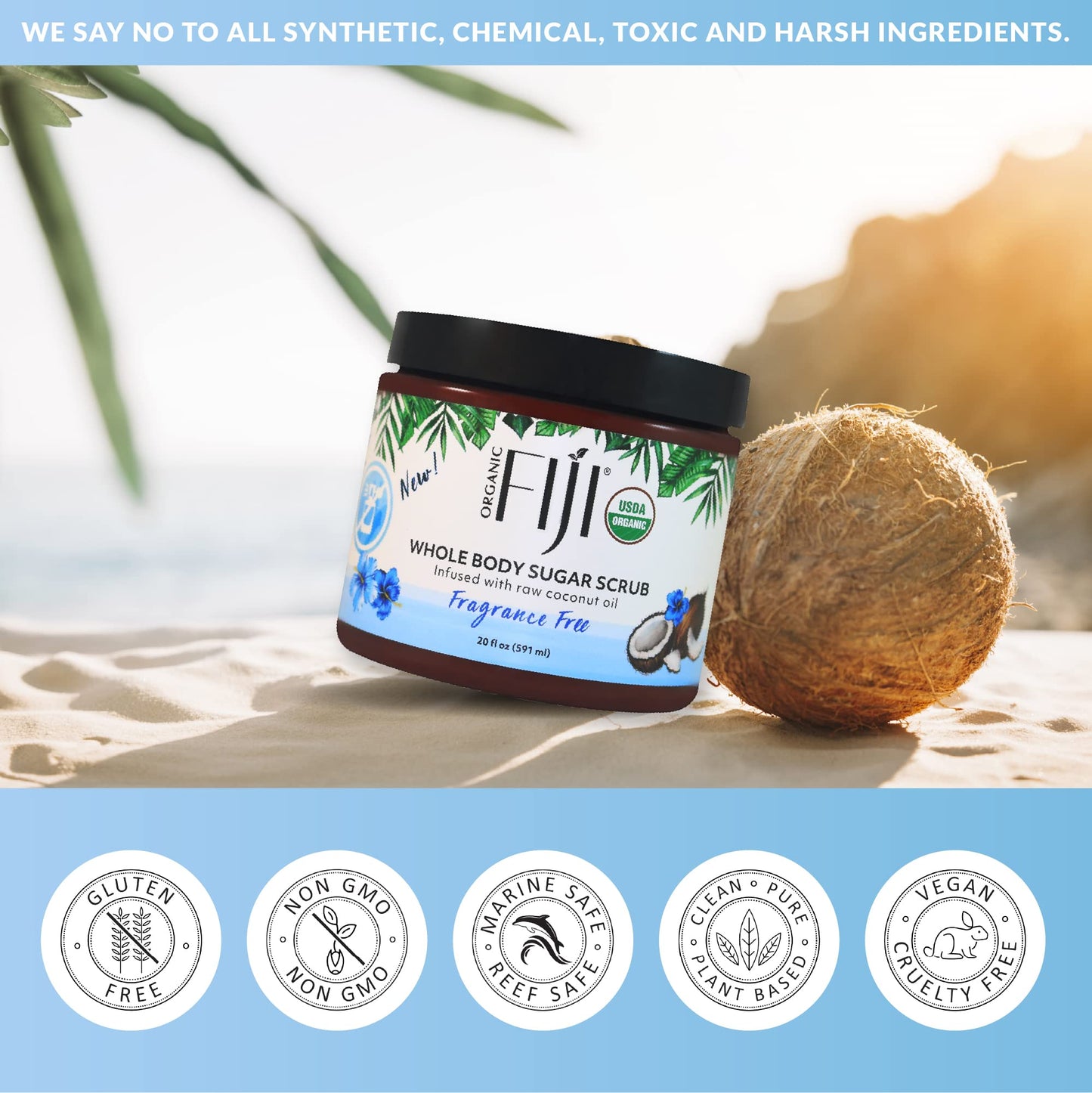 Organic Fiji Whole Body Scrub - Infused with Coconut Oil, Exfoliating Sugar Scrub for Smooth and Soft Skin, Exfoliates & Restores Skin's Natural Biosphere, Fragrance Free 20 oz