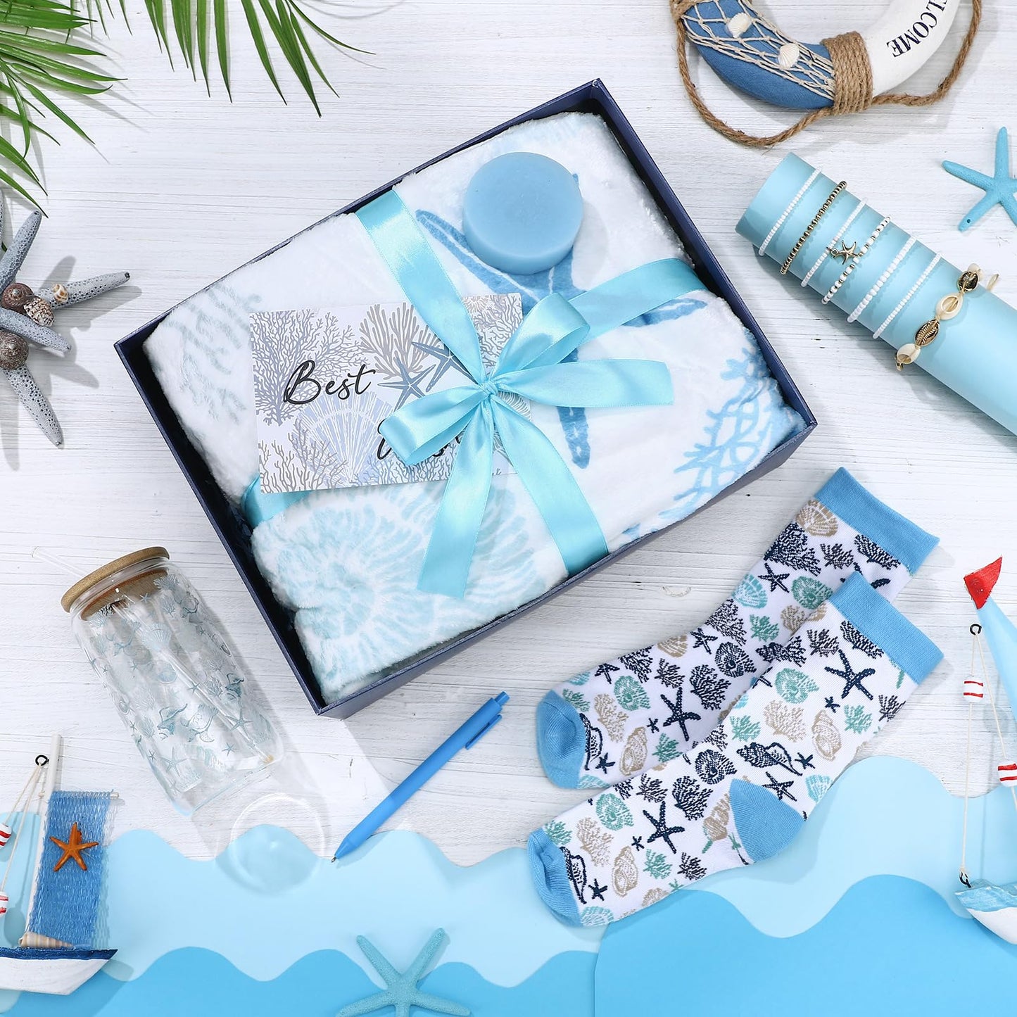 Acellegic Ocean Beach Birthday Gift Set for Women Throw Blanket 50 x 60 Inch Starfish Seashell Coral Themed Include Bracelet, Card, Pen, Soap, Glass Tumbler, Socks for Her Friend Mom Thinking of You