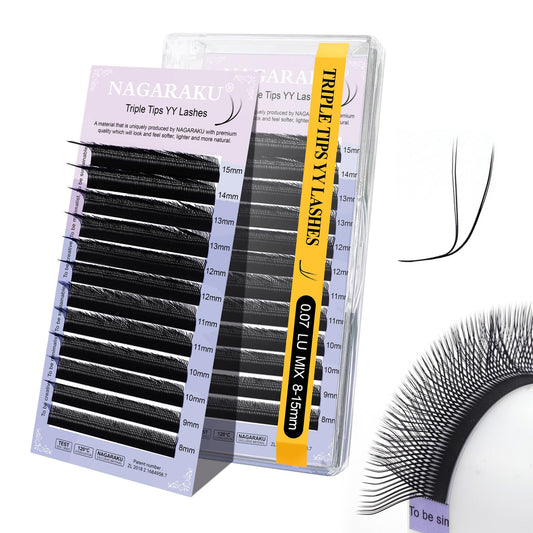 NAGARAKU 3 Tips Triple yyy Eyelash Extensions Supplies Y Lash 6D Easy Fan Russian Volume Crisscross Eyelashes Handwoven Y Shaped Mesh Wispy Clusters 12 Rows Eye Lashes Black -0.07LU (8-15mm) Mix