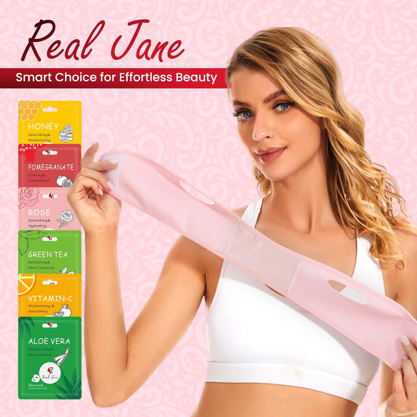 REAL JANE V Line Lifting Mask Set – Face Slimming Chin Strap for Sleeping, Jawline Shaper & Double Chin Reducer, Neck Tightening Face Lift Belt with 6 Hydrating Face Masks for Women