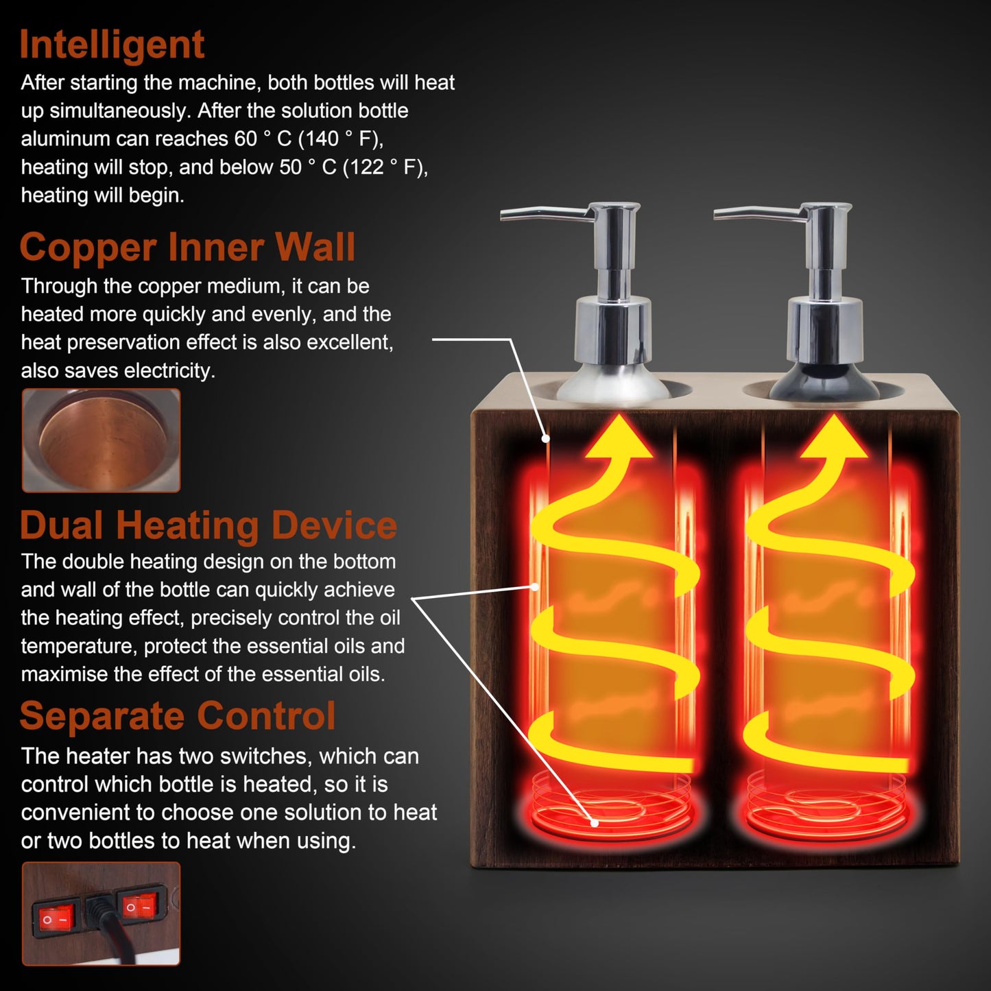 Elitzia Walnut Wood Massage Oil Warmer Independent Dual-Bottle Heating Control with 4 Massage Oil Pump Bottles Lotion Warmer Dispenser Heated 122-140°F Suitable for Salon Spa ETAW03