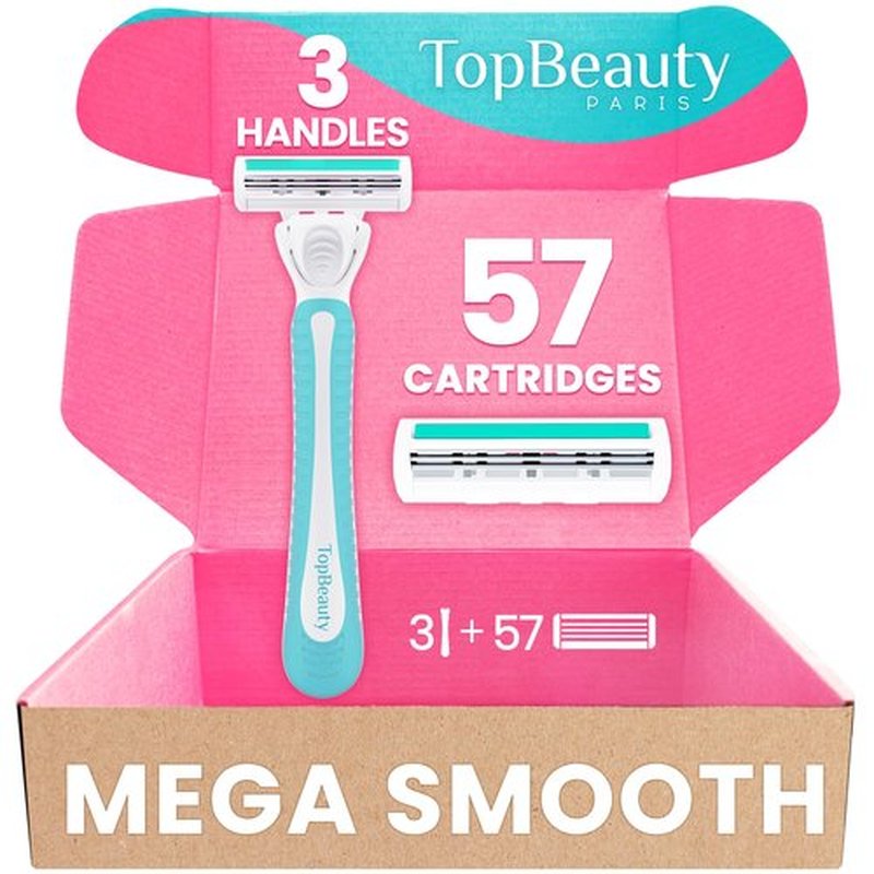 TopBeauty Paris Slim Razors for Women - Manual Razor with Refills (3 Handles + 57 Replaceable Cartridges) - 3-Blades Technology - Beautiful Price - Bikini Razor - Soft Shave & Loving Care
