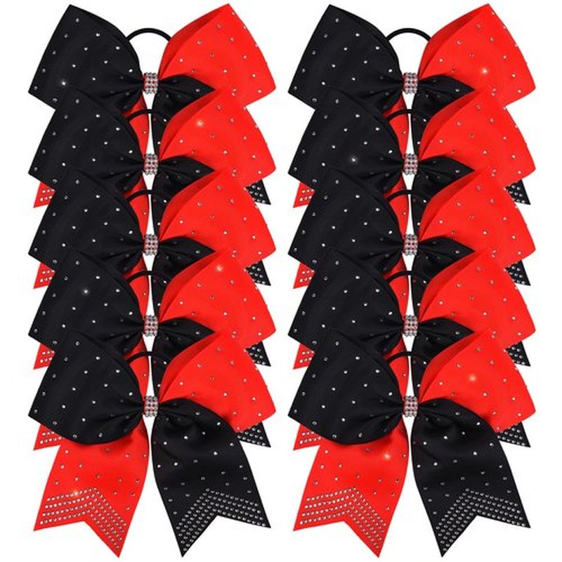 DEEKA 10 PCS Rhinestones Two Toned Large Cheer Hair Bows 7" Glitter Cheer Ponytail Holder Handmade for Teen Girls Softball Cheerleader Sports -Red/Black
