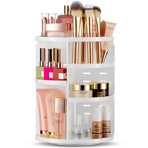 Masirs 360 Rotating Makeup Organizer - Adjustable Shelf Height and Fully Rotatable. The Perfect Cosmetic Organizer for Bedroom Dresser or Vanity Countertop. (White)