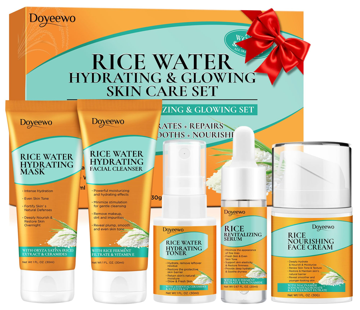 Skin Care Set,5Pcs Women Teen Glass Skincare w/Korean Rice Extract,Hydrate Glow Repair Anti-Aging Facial Routine Mini Kit Self Care Gifts for Women Mom Wife Teens Teenage Girl Airplane-Friendly Sizes